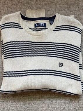 Chaps vintage Men's Cream and Navy Striped Crewneck Sweater size XL